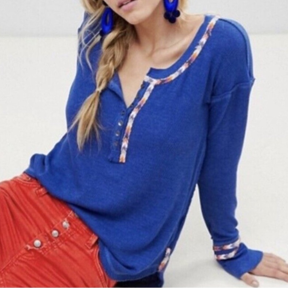 NEW Free People We The Free Blue Rainbow Thermal Henley Long Sleeve Shirt